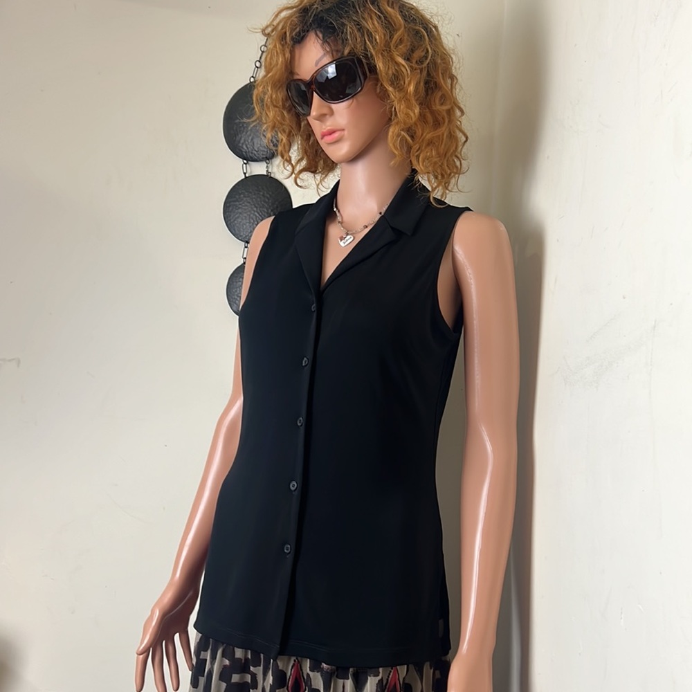 Anne Klein Black Collared Button Down V-Neck Blou… - image 2